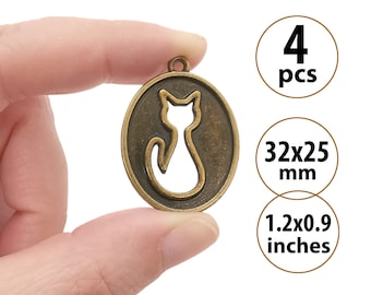 4 Cut Out Cat Charms, Bronze Charms for Necklaces, Cutout Cat Pendants, Oval Medallion Charm Pendants for Cat Lovers
