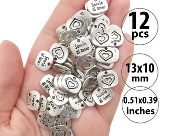 12 Sonrie al Amor Message Charms, Antique Silver Spanish Charms, Español Smile to Love Metal Charm Pendant for Bracelets, Heart Charms