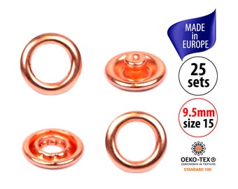 Rose Gold Snaps for Baby Clothes, 9.5mm Metal Snap Fasteners, Prong Open Ring, Gripper Snaps, Poppers for Clothing, Size 15 No Sew - 25 sets