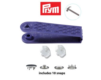 1 PRYM 10 mm zilveren snap-setter-gereedschapsset met 10 snap-sets, metalen snap-tool, snapsetter, hand-snap-on-tool, Jersey Prong-snap-instelset