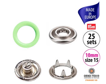 25 boutons-pression PRYM vert pastel pour vêtements de bébé, boutons-pression en métal colorés taille 15, boutons pression anneaux, boutons-pression à griffes pour vêtements de poupée