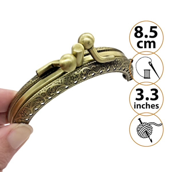 1 Double Pocket Purse Frame Lock, Engraved Clutch Frame Hardware, Semicircle Kiss Lock Purse Clasp with Sewing Holes, Pouch Closure