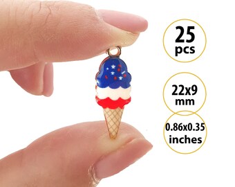 25 Ice Cream Cone BULK Metal Charms, USA Flag Gelato Charm Pendants, Icecream Stick Charms Lot, Ice Cream Jewelry Charms for Bracelets Bulk