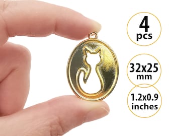 4 Cut Out Cat Charms, Antique Gold Charms for Necklaces, Cutout Cat Pendants, Oval Medallion Charm Pendants