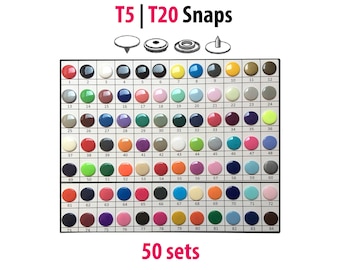 50 ENSEMBLES Large gamme de boutons-pression T5 KAM, tailles 20 couleurs, boutons-pression en plastique pour vêtements de bébé, boutons-pression brillants pour vêtements, couches lavables, bavoirs