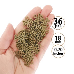 36 conectores de dijes de nudo celta al por mayor, dijes de bronce Feng Shui para pulseras, pequeño nudo chino de metal dorado antiguo de doble cara, vendedor de la UE