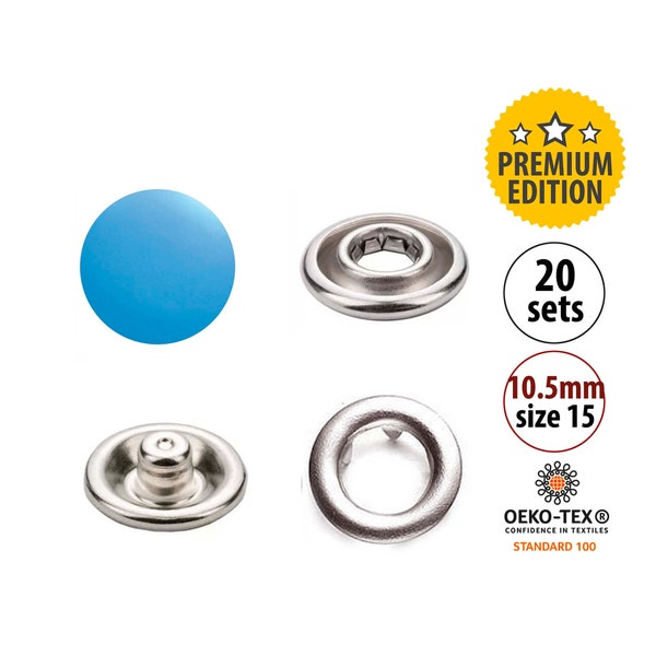 20 Blue Metal Snaps Size 15 and Dies, 10.5mm Clothing Snap Pack, CAP Snap Buttons for Clothes, Jersey Gripper Snap Fasteners, Stud Poppers
