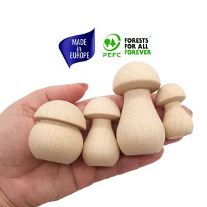 Op de afbeelding: Set van vier onafgewerkte houten paddenstoelvormen. De paddenstoelen zijn in verschillende maten en zijn gemaakt van natuurlijk hout. De paddenstoelen zijn perfect voor knutselen en decoreren.