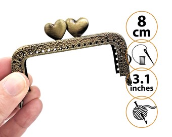 2 Metal Purse Frames for Coin Purse with Keychain Handle, Heart Closure Sewing Clutch Frames, Kiss Lock Purse Closure with Sewing Holes