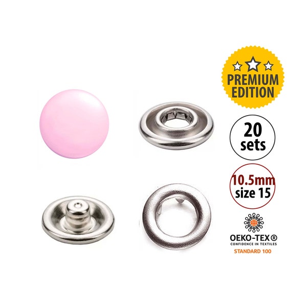 20 Pink Metal Snaps Size 15, Colored Capped Snap Buttons, 10.5mm Snap Fasteners for Clothing, Gripper Stud Snaps, Metal KAM Jersey Snaps