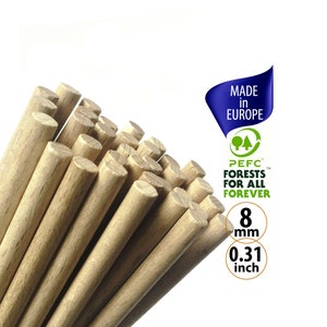 5 Wooden Dowel Rods for Macrame Hanging Wall Decor, Small 8mm Unfinished Craft Sticks, Sustainable Round Wood Dowels for Pennant Flags