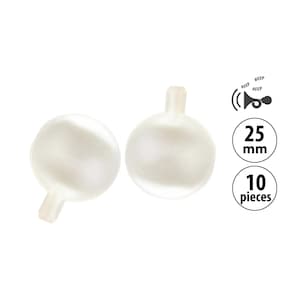 Puede incluir: Dos bocinas de juguete redondas de plástico transparente con un pequeño vástago. La imagen incluye un gráfico de una bocina con ondas de sonido y texto que indica que las bocinas tienen 25 mm de diámetro y vienen en un paquete de 10 piezas.