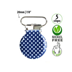 5 marineblauwe stippen fopspeenclips voor jongens, benodigdheden voor jarretelclips, metalen fopspeenclips 7/8&quot;, ronde paci-clip, wantclips, fopspeenclip