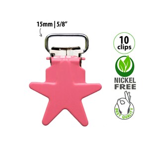 10 Pink Star Pacifier Clips to Make Dummy Clip,  5/8" Metal Pacifier Clip Hardware, DIY Suspender Clip Supplies, Soother Clip, Paci Clips