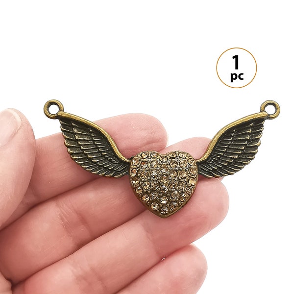 1 connecteur coeur en forme d'ailes d'ange, coeur en or antique avec lien en forme d'ailes, grand pendentif pour colliers, breloque aile avec strass