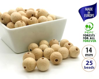 25 European Made Wooden Beads 14mm, Sustainable Beech Wood Beads, Round Wooden Beads for Crafts and Jewelry Making, Unfinished Wood Beads