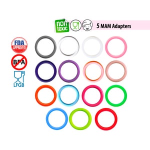 Op de afbeelding: Set van 16 MAM-flesadapters in verschillende kleuren, waaronder grijs, wit, roze, paars, oranje, blauw, groen en rood. De adapters zijn gemaakt van BPA-vrij, niet-toxisch materiaal. De tekst "5 MAM Adapters" is zichtbaar in de afbeelding.