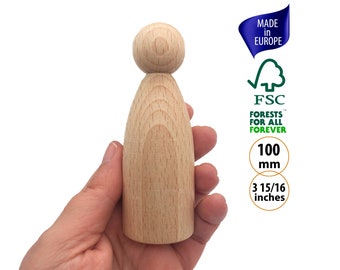 1 Large Peg Dolls Unfinished, 100mm Natural Wood Peg People, Tall DIY Waldorf Peg Doll Blank Parts, Montessori Wood Jumbo Peg Doll to Play