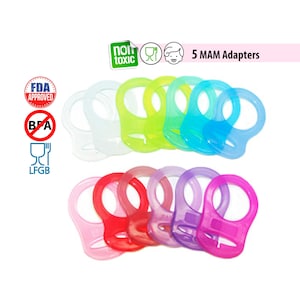 May include: Five MAM silicone pacifier adapters in various colors, including clear, yellow, blue, pink, and purple. The adapters are designed to fit MAM pacifiers and are BPA-free, FDA approved, and non-toxic.