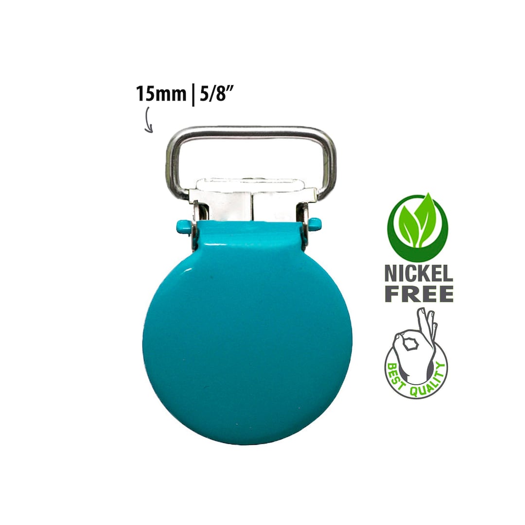 5 Round Blue Pacifier Clips, Metal Suspender Clip Hardware to Make