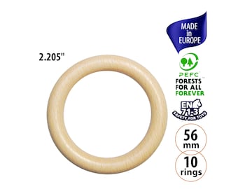 10 anelli di legno di fabbricazione europea per Baby Play Gym, sonagli, giocattoli all'uncinetto, anelli in legno di faggio da 56 mm, anelli in legno naturale sostenibile per Macrame
