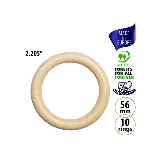 10 European Made Wooden Rings for Baby Play Gym, Rattles, Crochet Toys, 56mm Beech Wood Rings, Sustainable Natural Wood Rings for Macrame