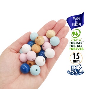 20 europäische Farbholzperlen 15 mm, Buchenholzperlen für die Naturschmuckherstellung, runde glänzende lackbemalte Holzperlen