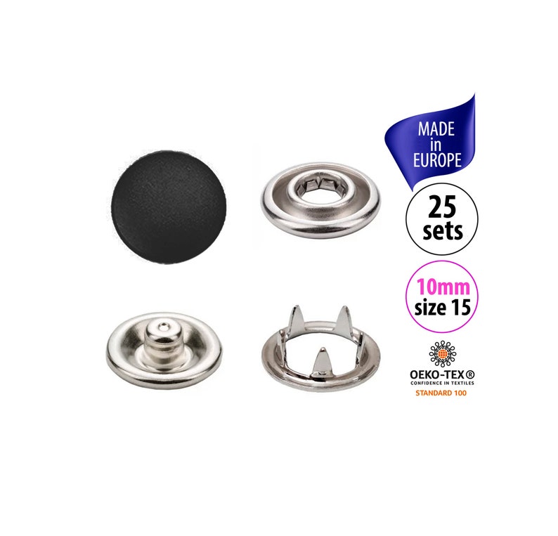 25 Sets Matte Black Snap Buttons Size 15, Metal Snaps for Clothing, 9.5mm Prong Cap Snap Fasteners, No Sew Gripper Snaps, Baby Clothes Snaps image 1