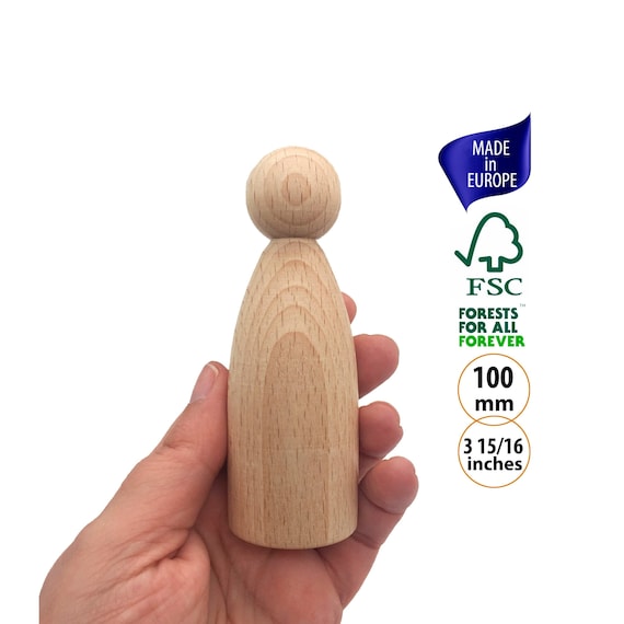 1 Large Peg Dolls Unfinished, 100mm Natural Wood Peg People, Tall