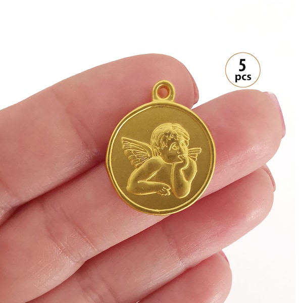 5 Gold Baby Raphael Engel Charms, Engel Cherub Medaillon Münzenanhänger, Metall Cherub Anhänger, Cherubin Schutz Medaillen, religiöse Metall Anhänger