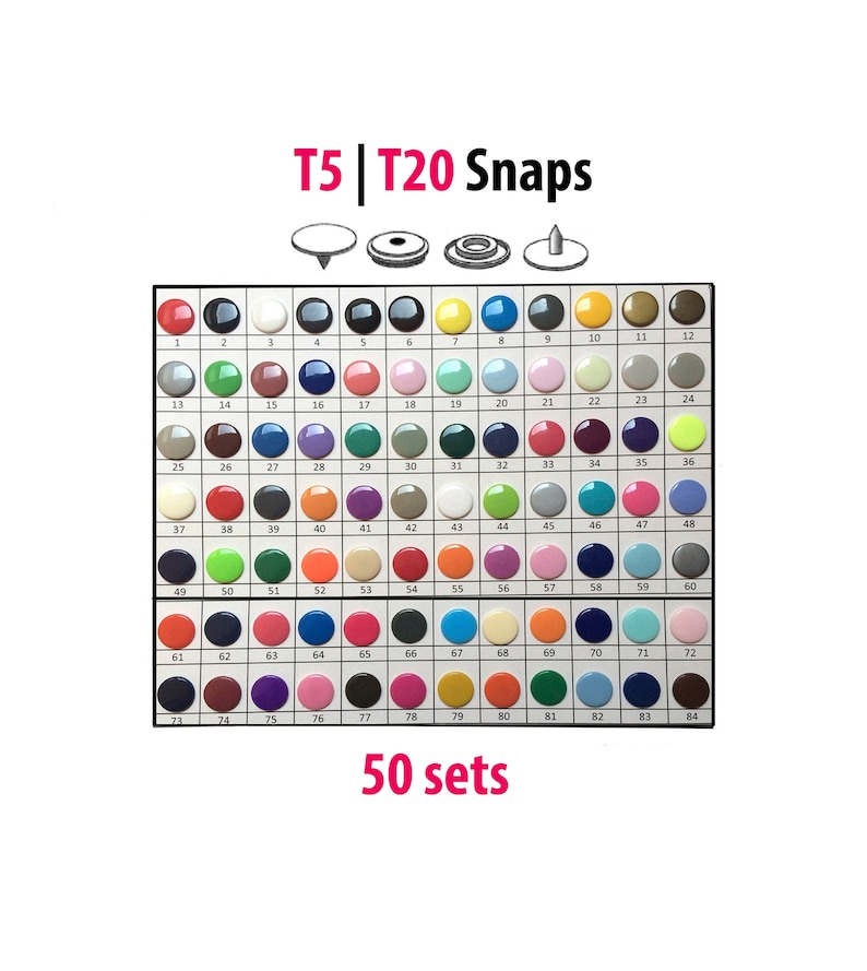 50 ENSEMBLES Large gamme de boutons-pression T5 KAM, tailles 20 couleurs, boutons-pression en plastique pour vêtements de bébé, boutons-pression brillants pour vêtements, couches lavables, bavoirs image 1