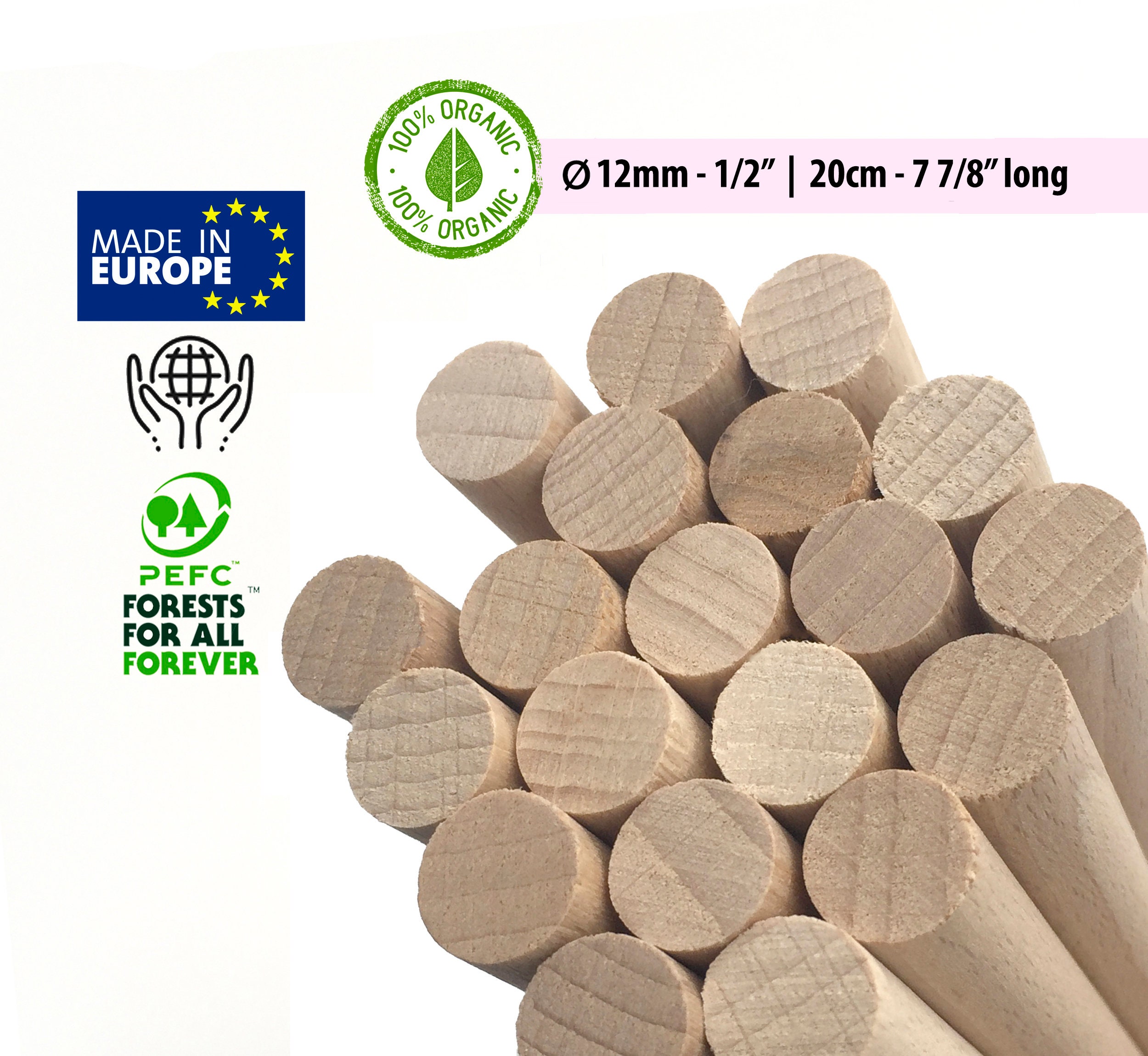 10 x Wooden Dowels Craft Sticks 12mm thick 10cm long Nails, Screws