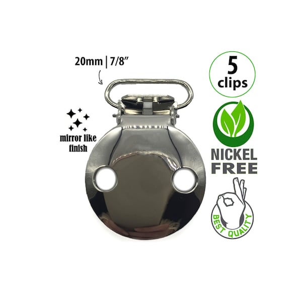 5 Round Silver Pacifier Clip with Ventilation Holes, 7/8" Metal Suspender Clips Hardware, Metal Dummy Clips, Soother Clips, Paci Clips Bulk