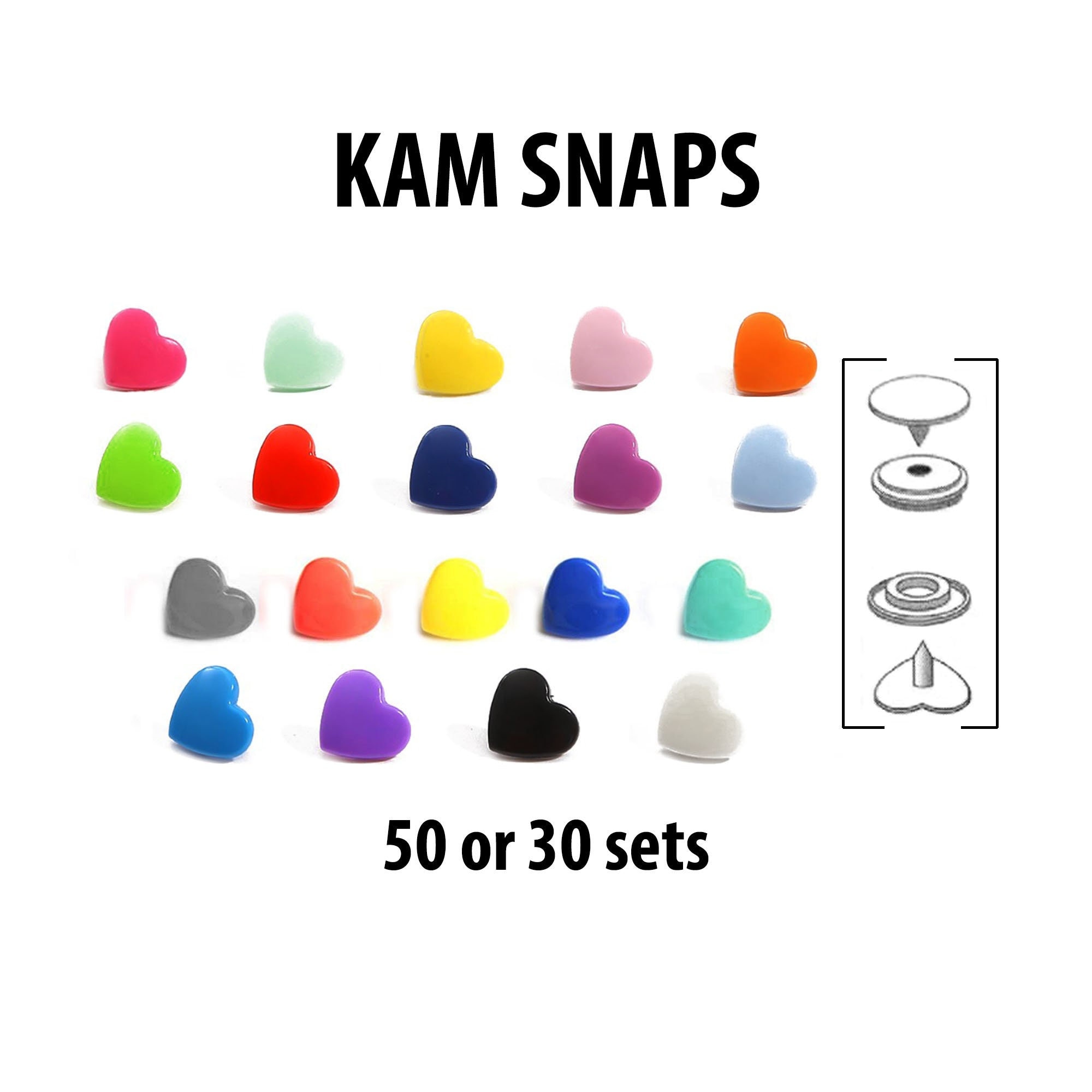 Heart KAM Snaps T20, Decorative Plastic Snap Fasteners, Decorative Baby  Clothes Snaps, Heart Snap Buttons for Diapers, Bibs, 50 or 30 Sets 