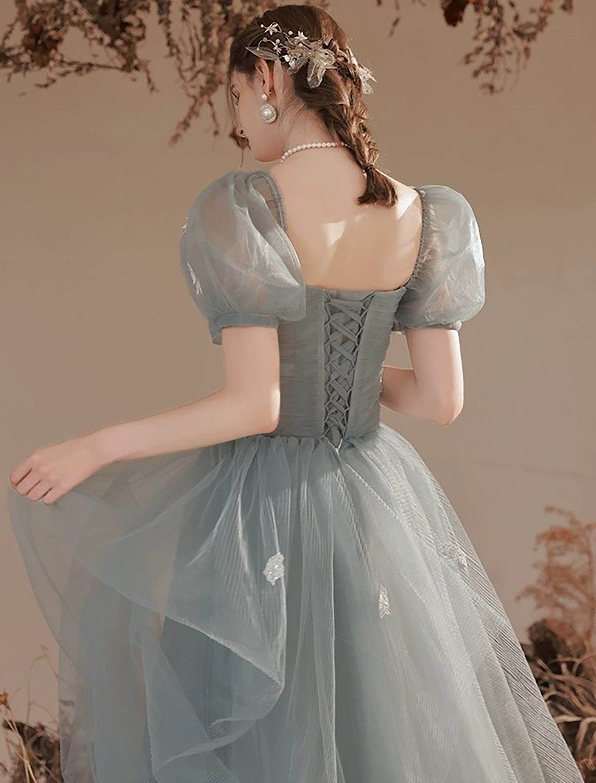 Green Off-shoulder Gown With Puff Sleeves, Lace-up Back, and A-line ...