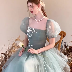 Green Off-shoulder Gown With Puff Sleeves, Lace-up Back, and A-line ...