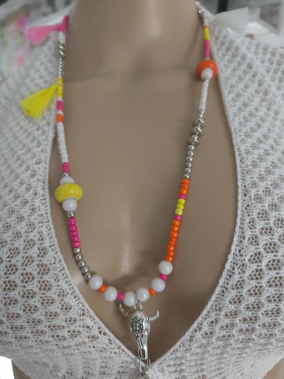 Ibiza Necklace XL Boho Hippie Festival White/Neon Hand Made