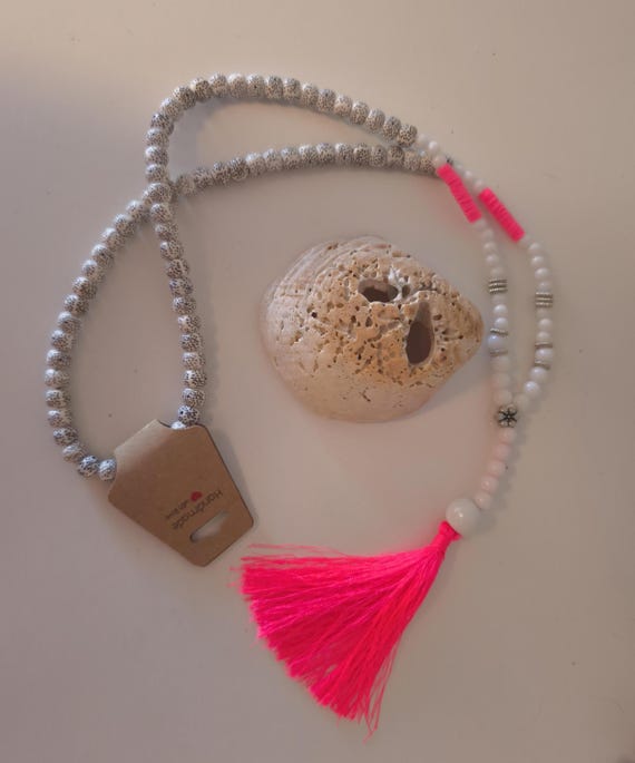 IBIZA Boho Necklace XXL White Pink with Big Pom-pom Handmade