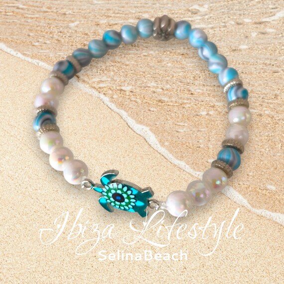 Boho Beaded Bracelet Turquoise/White Handmade