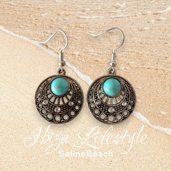 Boho Earrings Silver Turquoise Handmade New