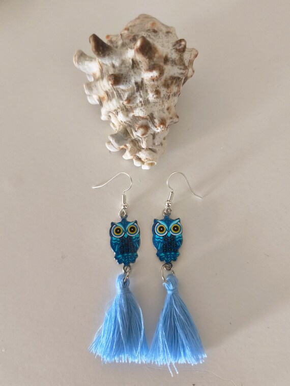 Boho earrings with owl and tassel in azure blue, handmade, new