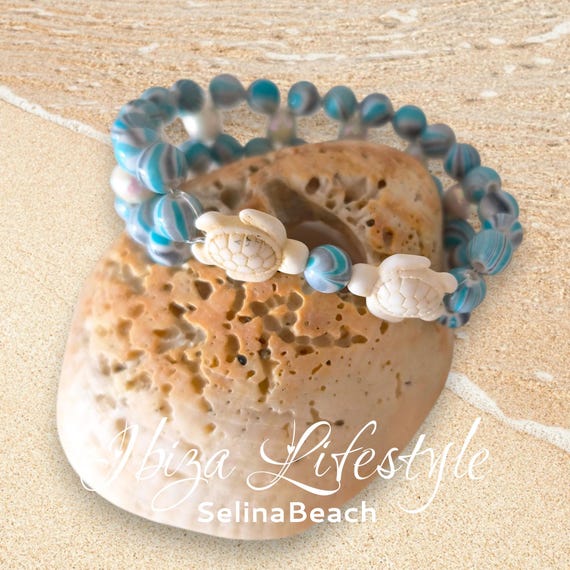 Ibiza Pearl Bracelet Wide Boho Turquoise/White with Turtles Handmade