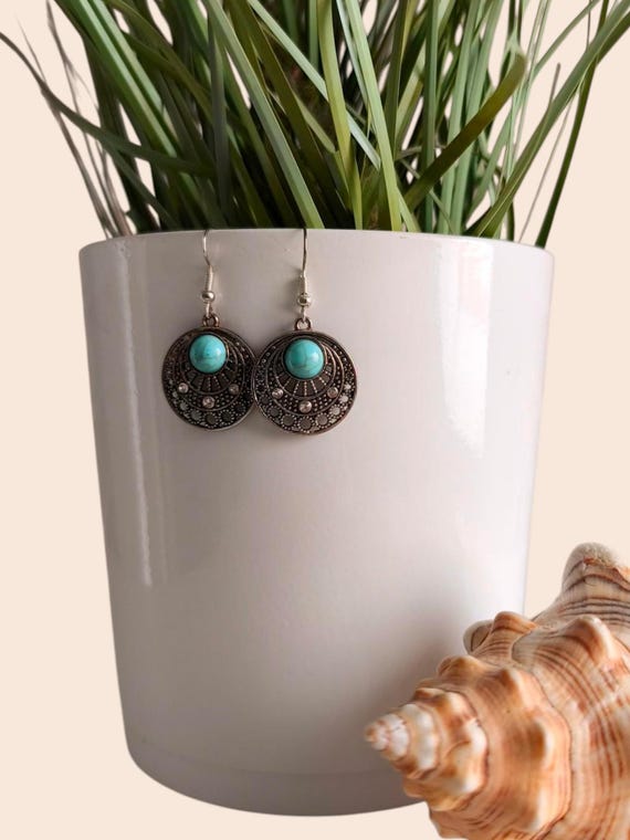 Boho Earrings Silver Turquoise Handmade New