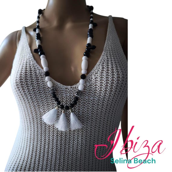 Ibiza Necklace Boho Hippie Festival XL Beaded Tassels White & Black Hand Made