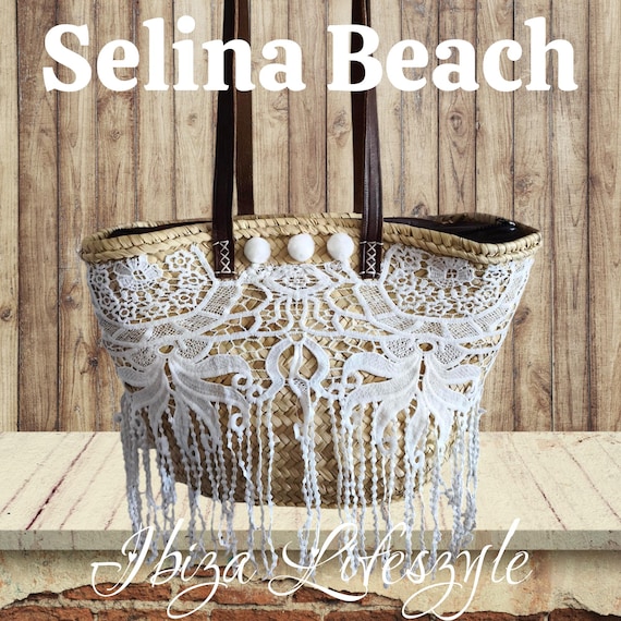 Ibiza basket beach bag, boho style with lace and two interchangeable chains, closable