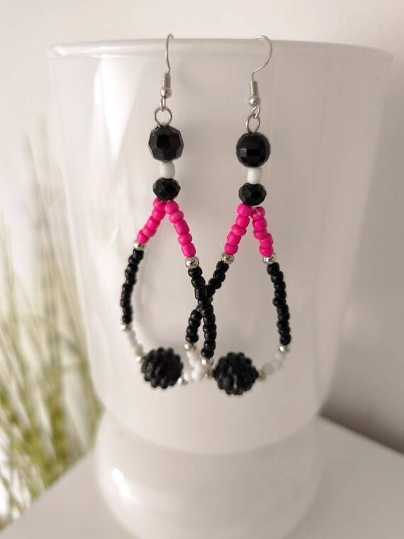 Ibiza Boho Earrings Black/White/Pink Hand Made New
