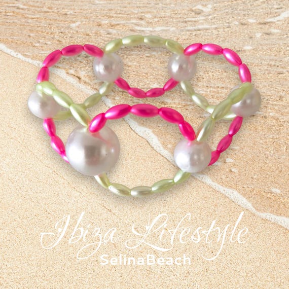 Boho Beaded Bracelet Pink/Lemon Wide Handmade