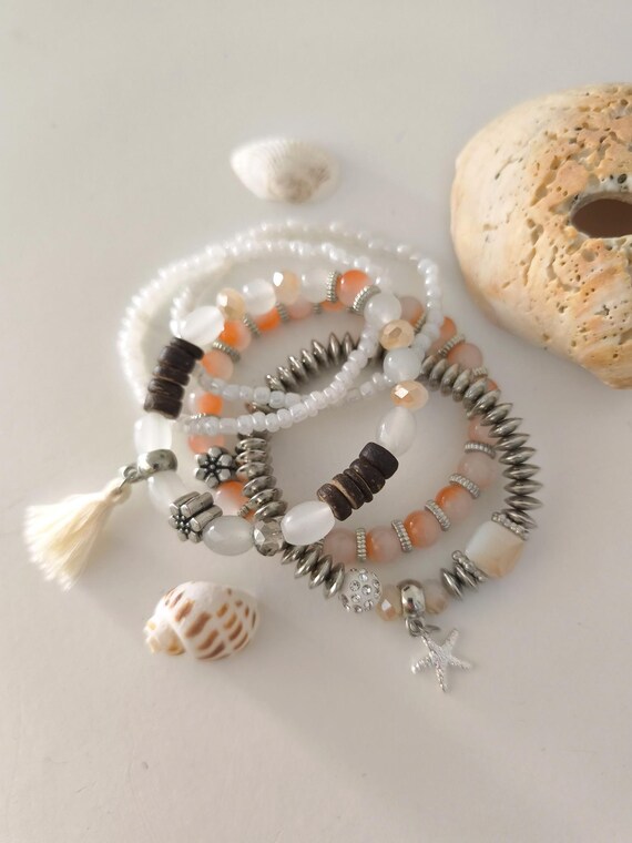 Boho Bracelet Set of 5 Ibiza Style White/Peach Hand Made