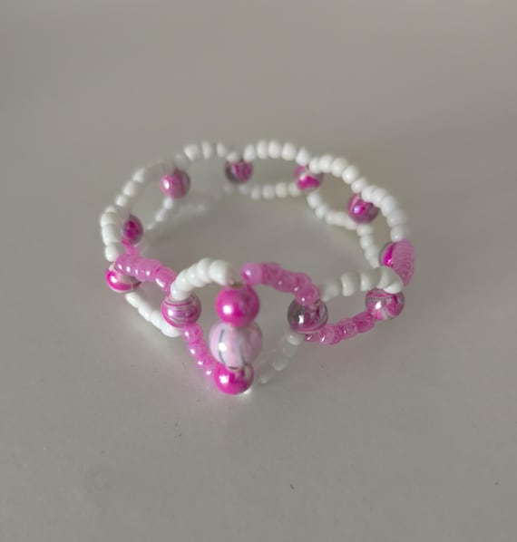 Boho Beaded Bracelet Pink/White Hand Made