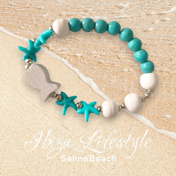 Ibiza Boho Pearl Bracelet Turquoise/White with Fish & Starfish Handmade